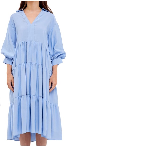 English Factory Balloon Sleeve Tiered Midi Dress - Picture 3 of 13